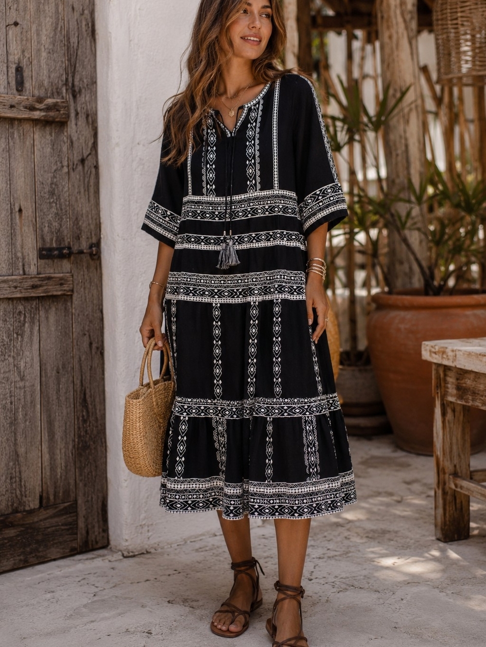 John Mark 100% Linen Black White Embroidered Boho Tassel Tiered Dress Small